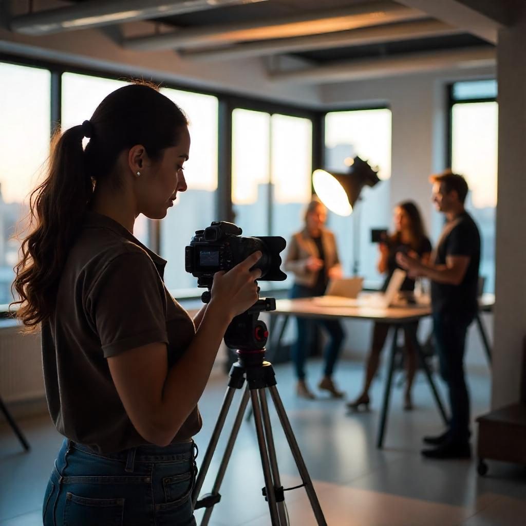 Hispanic woman filming a corporate video with a professional DSLR camera