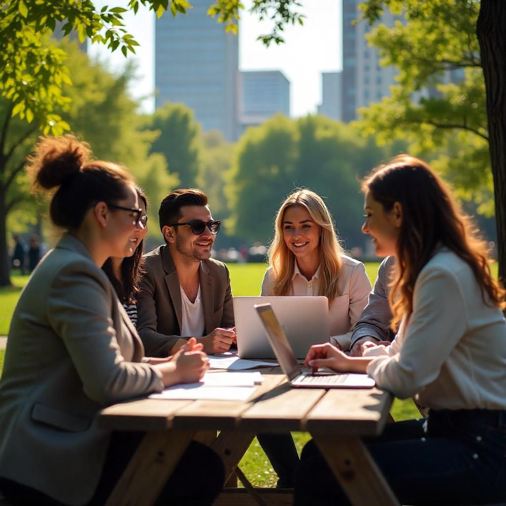 Creative marketing team brainstorming outdoors