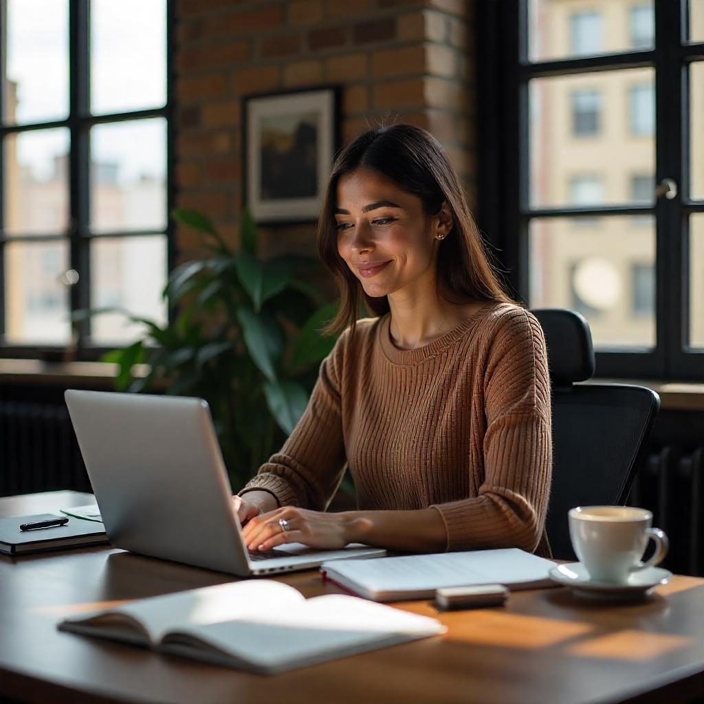 Professional Hispanic woman writing content on laptop