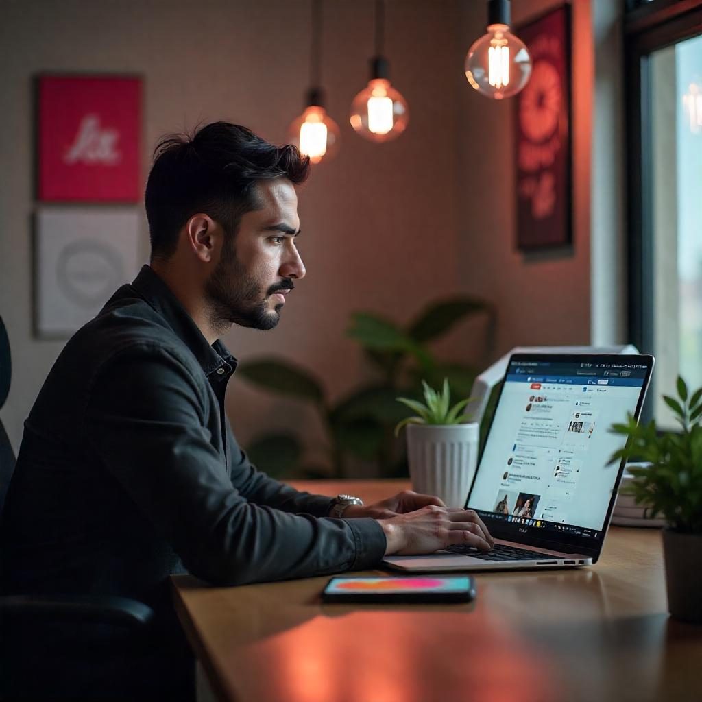 Hispanic social media manager in modern office