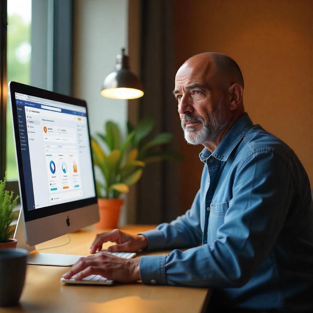 Hispanic man showing Facebook Ads Manager on Mac laptop