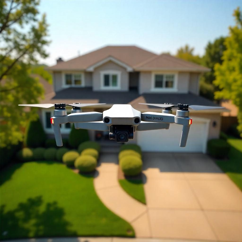 Generic professional drone flying over a suburban house